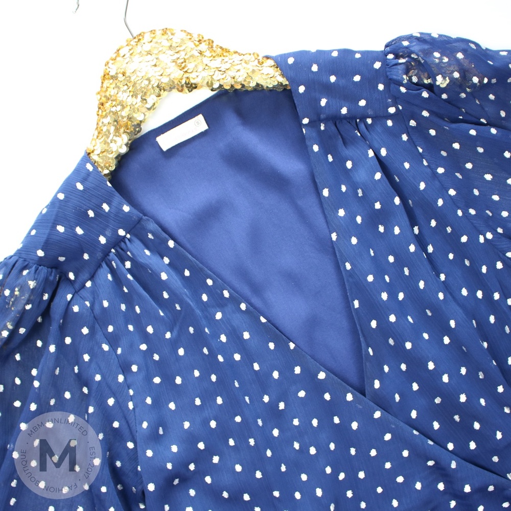 Navy Blue Dotted Ruffle Hem Wrap Dress - Picture 4 of 8